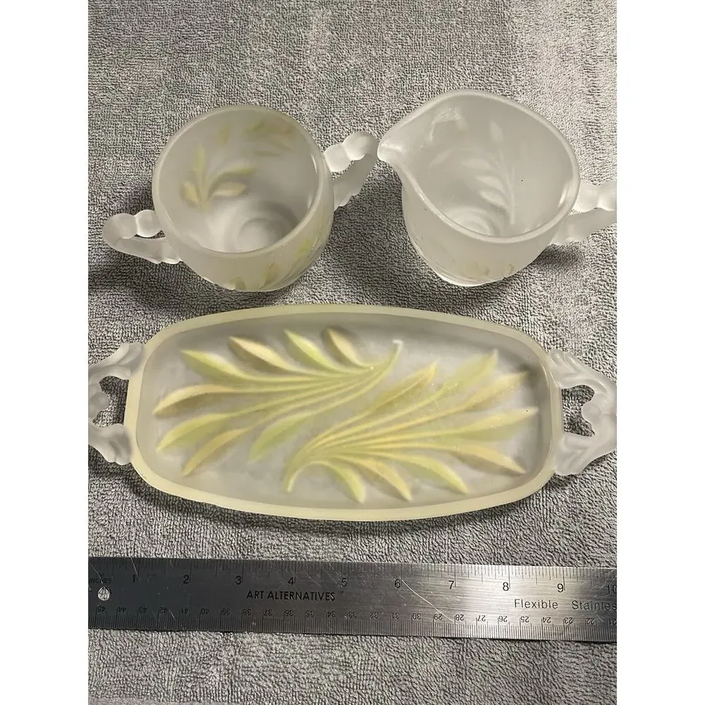 Vintage Indiana Glass Frosted Satin Leaf Creamer Sugar Bowl Tray MCM Set